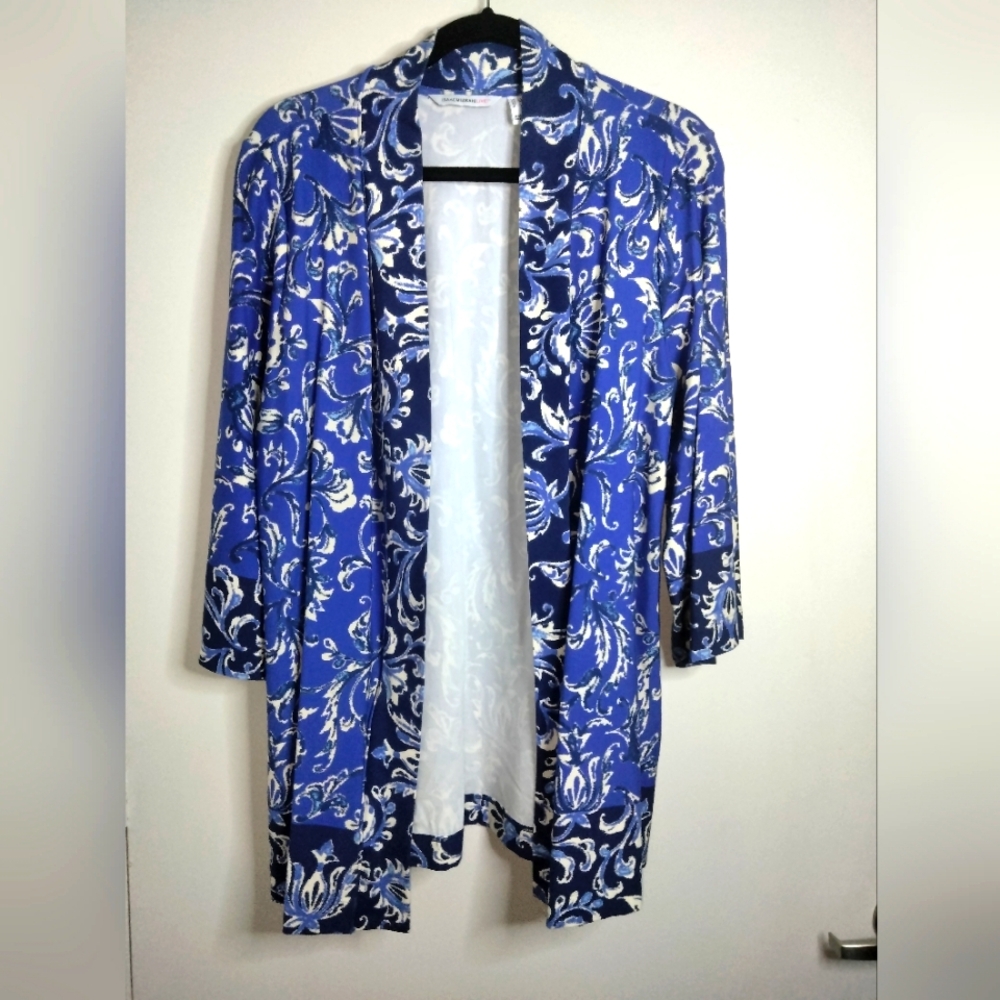 Isaac Mizrahi (Size L) Blue & Cream Floral Optical Front LS Slip Pocket Cardigan